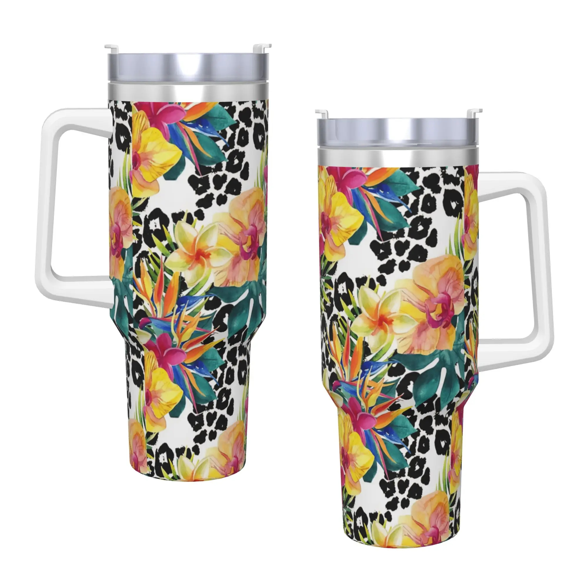 Leopard & Tropical Floral Stainless Steel Tumbler  Travel Thermal Cups With Straws and Lid Large Capacity Water Bottle
