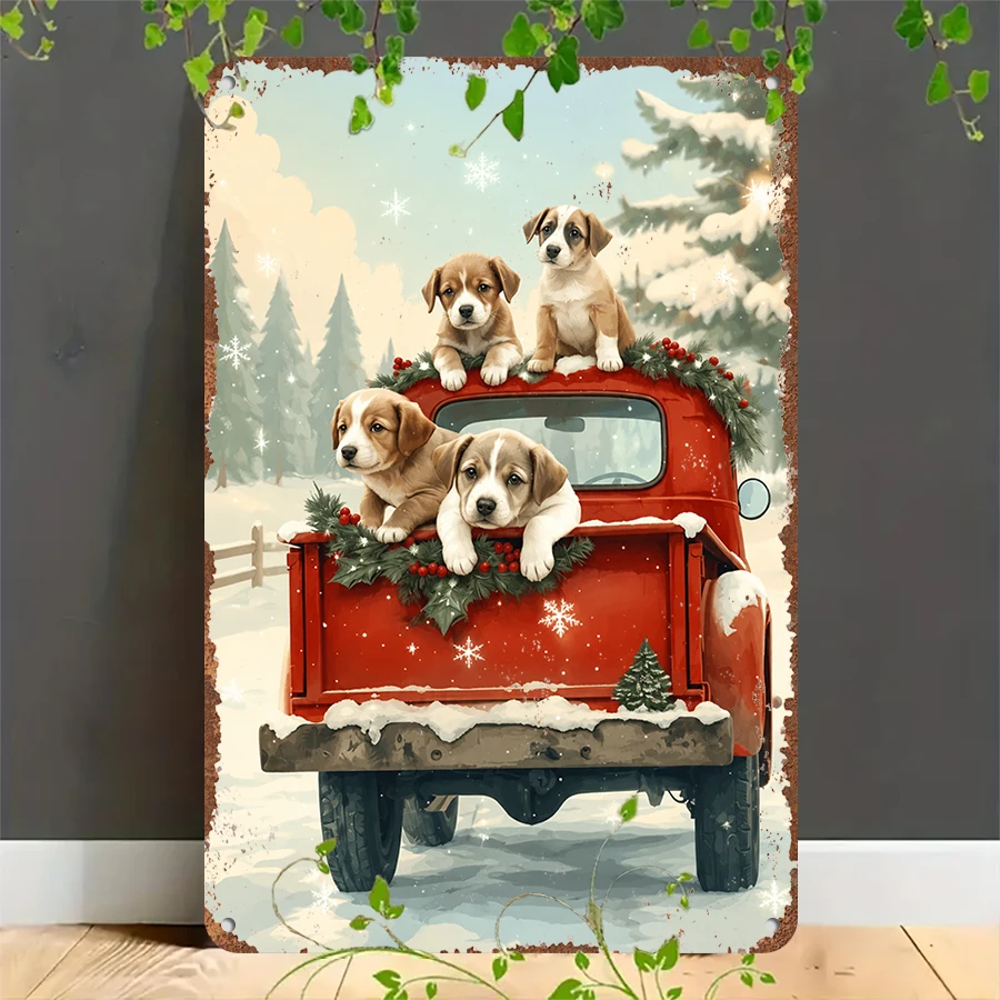 2D flat retro metal tin plate,  Vintage Christmas Puppy Red Truck Tin Sign, Suitable for home, garage, café, bar and garden decoration