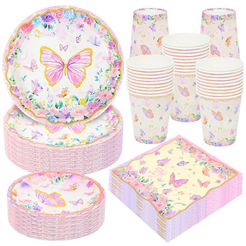 Pink Butterfly Disposable Tableware Set  Paper Plates Napkin Butterfly Birthday Party Decor Girl Baby Shower Decoration Supplies