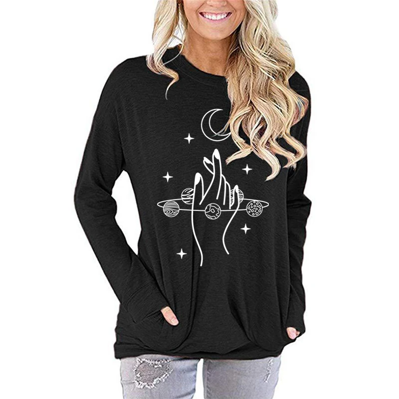 

Hand Moon Print Ladies Crew Neck Tops Autumn And Winter Plus Size Long Sleeve Tee Shirts Loose Solid Color Pullovers Sweatshirts