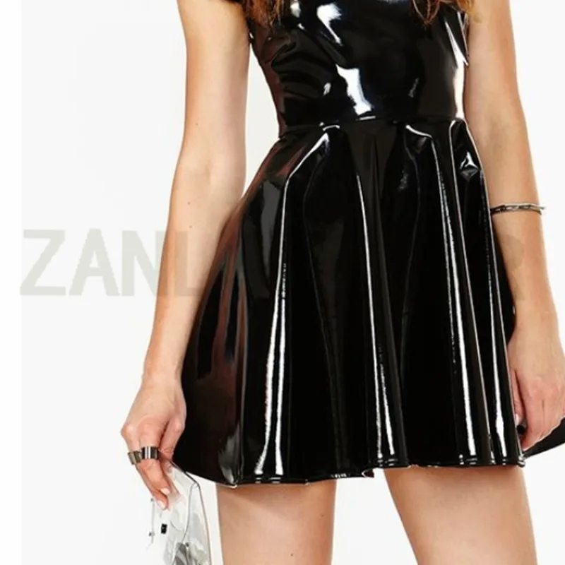 تخصيص الغريبة مثير الملابس الداخلية النساء اليدوية نادي أسود اللاتكس ياقة فستان قصير Cekc موحدة صنم عودة سستة #3