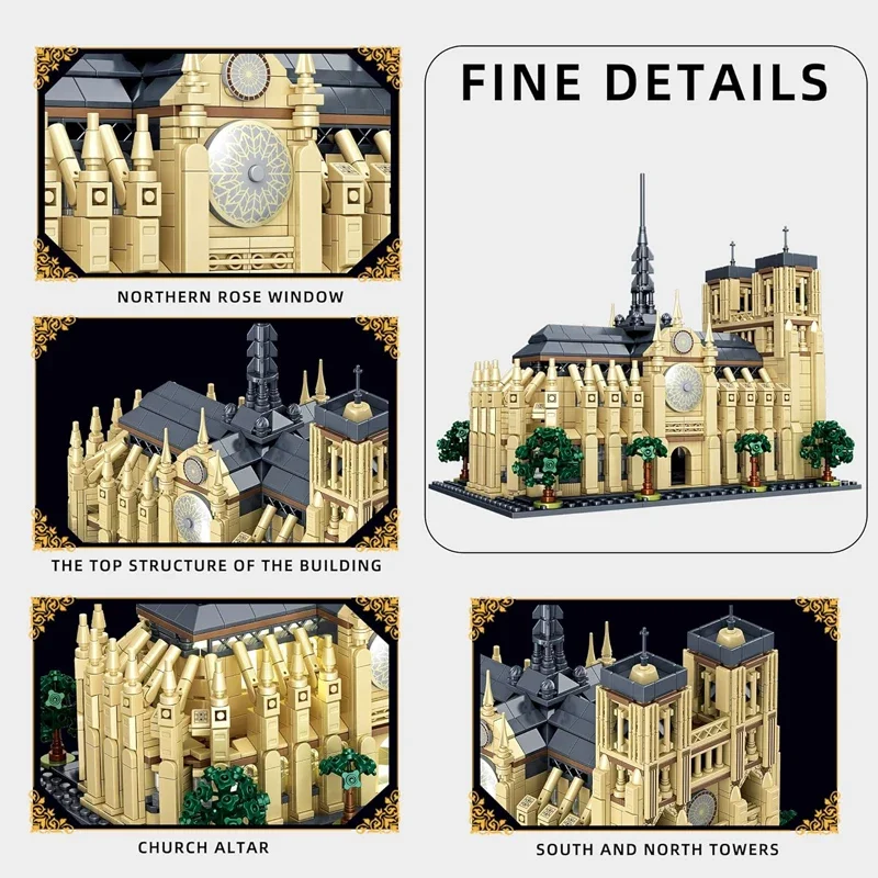 Street View Series City Notre-dame de Paris Building Block Medieval Church Model Bricks Toys For Kid Birthday Gift MOC With LED