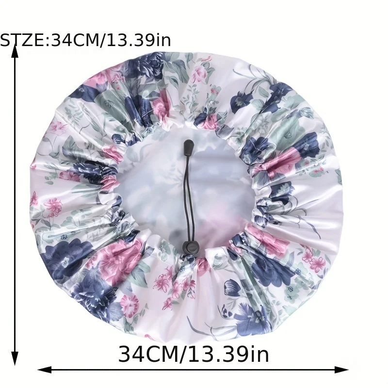 Women Double Layer Waterproof Shower Cap Floral Print Adjustable Double-Layer Elastic Hair Cap Bathing Accessory