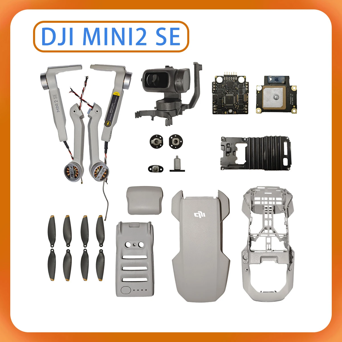 Original DJI Mini 2SE Upper Case, Middle Frame, Lower Cover, Coaxial Cable, Gimbal Shaft Arm, Yaw Motor, GPS ESC, Arm, Propeller