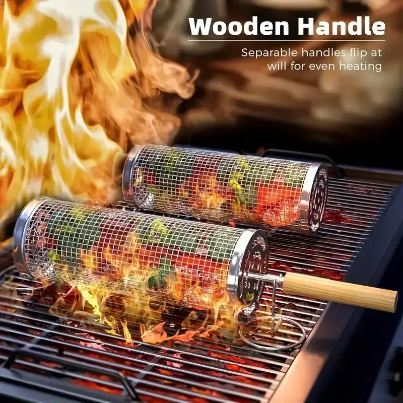 Stainless Steel BBQ Grill Basket, Round Rolling Cylinder Cage, Wire Mesh Rotating Rack for Meat Veg Fish, Outdoor Camping Picnic