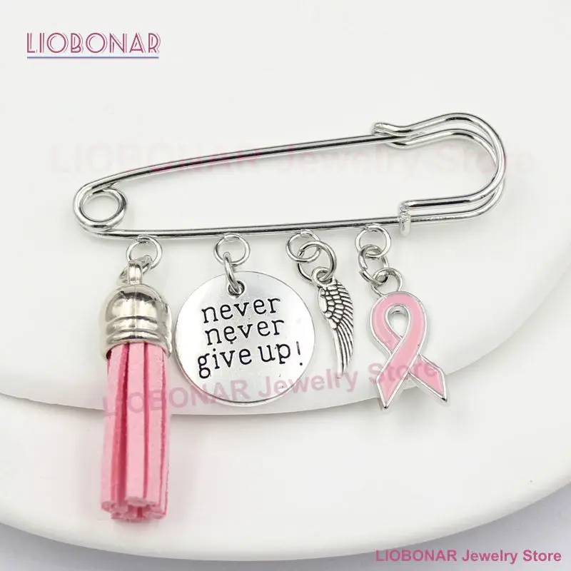 New Arrival Breast Cancer Awareness Brooch Pin never give up Breast Cancer Pink Ribbon Pin Brooch Safety Pins