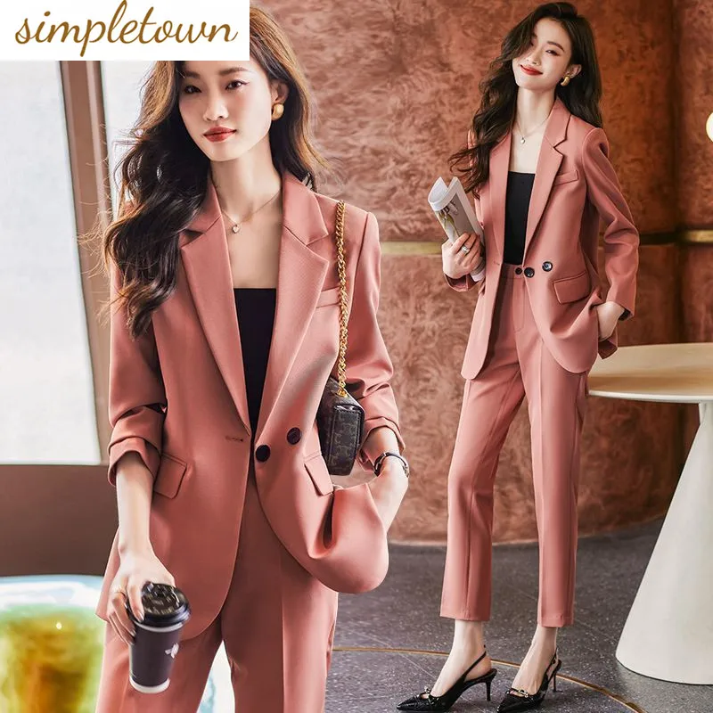 

Korean Loose Jacket Blazer Casual Wide Leg Pants Two-piece Elegant Women's Pants Set Summer Office Outfits Professional Set