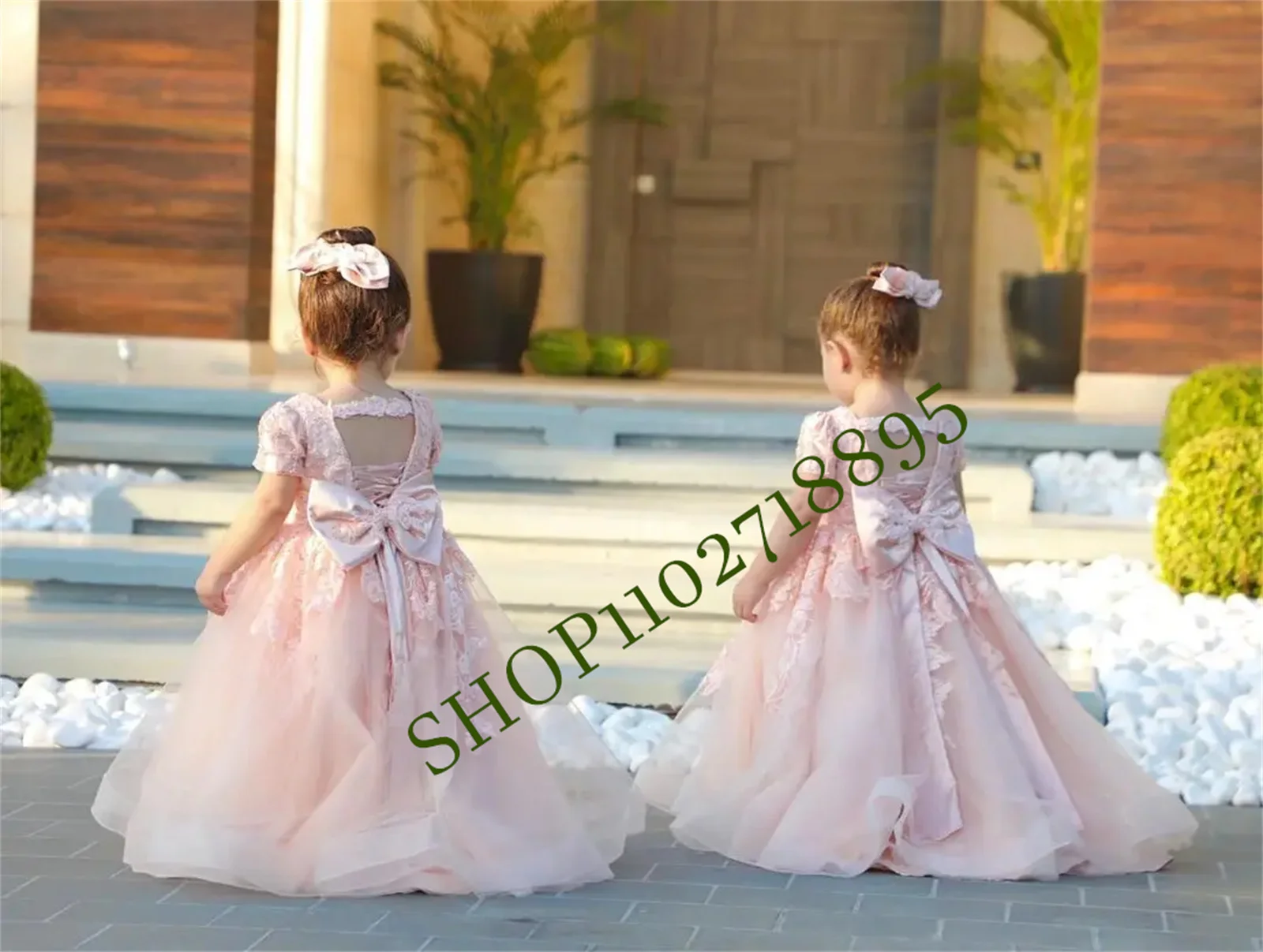 Pink Flower Girl Dress Top Lace Fluffy Tulle Skirt Fllral Appqulies Wedding Party MiniBride Princess Bridemaid Gowns