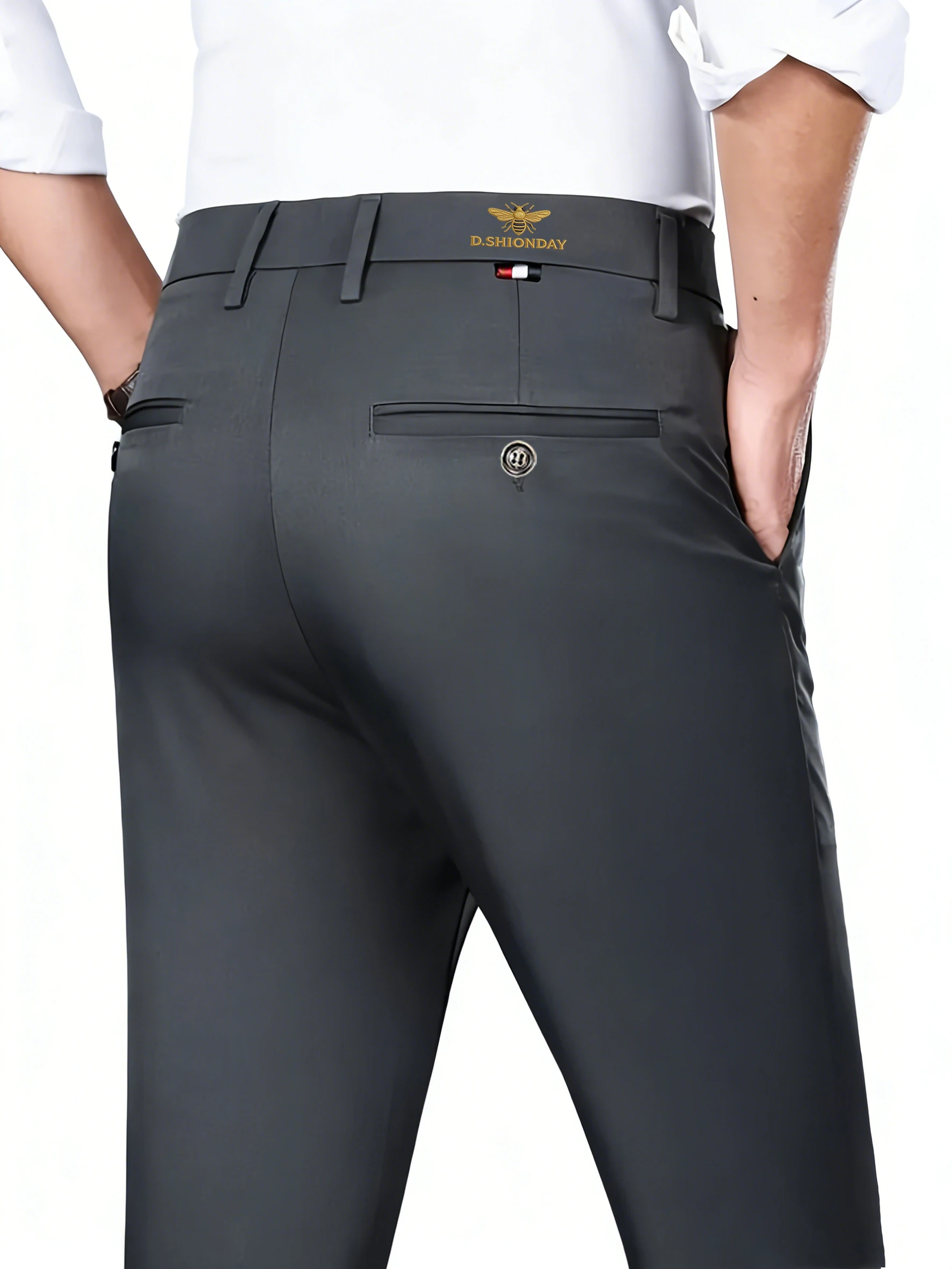 Men's Luxury Bee Waist Logo Business Casual Pants, High Elastic Slim Fit Formal Trousers for Office Commute & Daily Wear