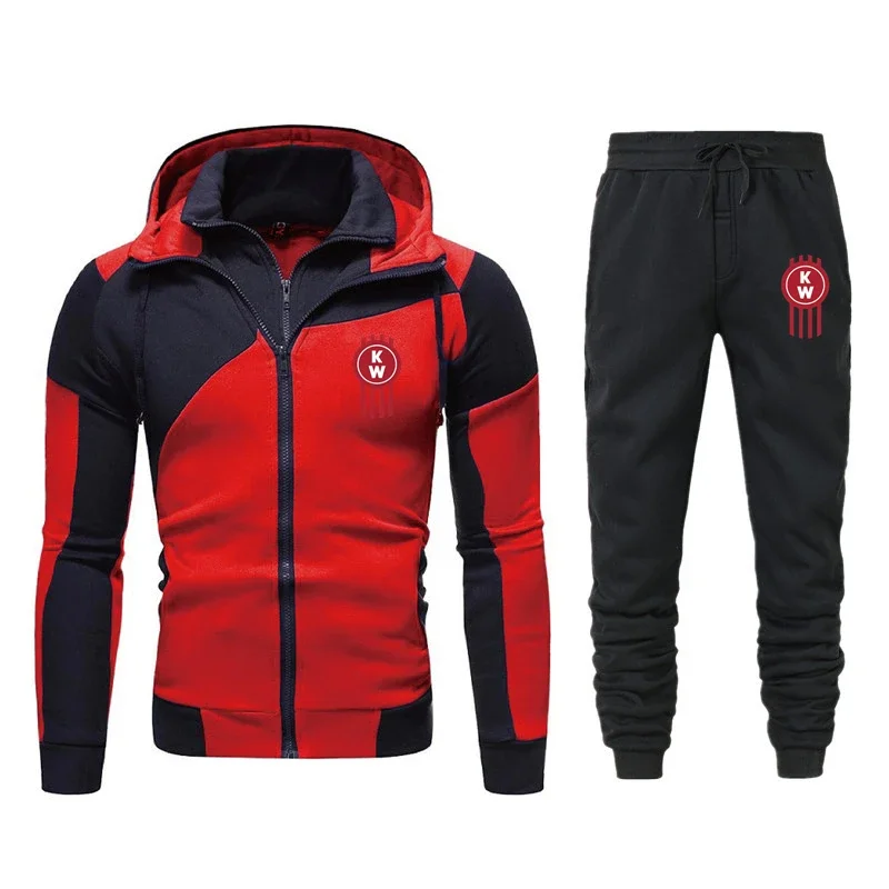 Spring Autumn New Kenworth Logo Print Custom Made Warm Spliced Men Zipper Hoodie Jacket+Pants Pocket Casual Man Sportswear Set