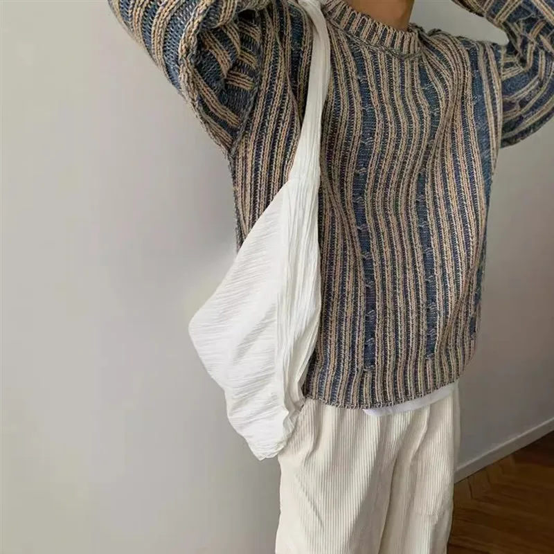 

Retro Contrast round Ne Men's Sweater Cleanfit Korean Sle Casual Knitted irt Breathable Polyester Blend Fabric