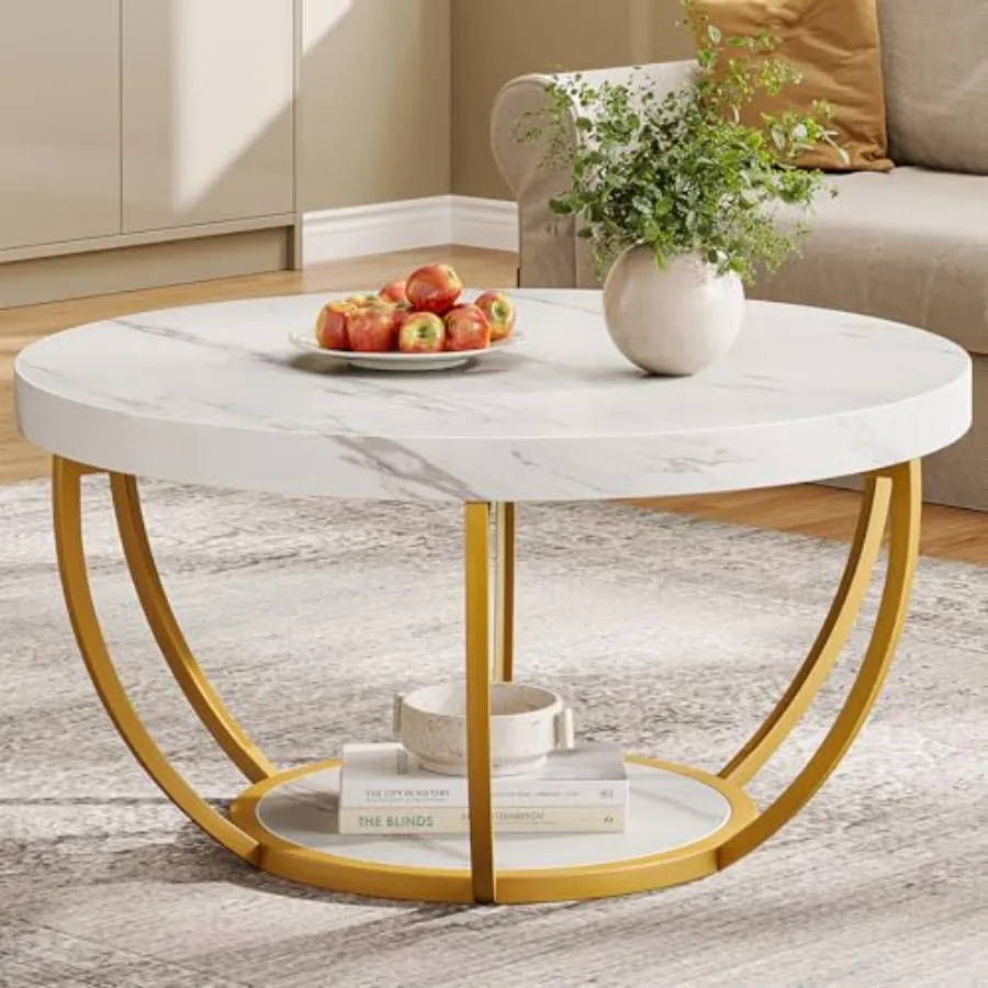 

Modern Round Coffee Table for Living Room, Faux White Marble Top with Golden Metal Legs, 2-Tier Circle Center Tea Table Accent
