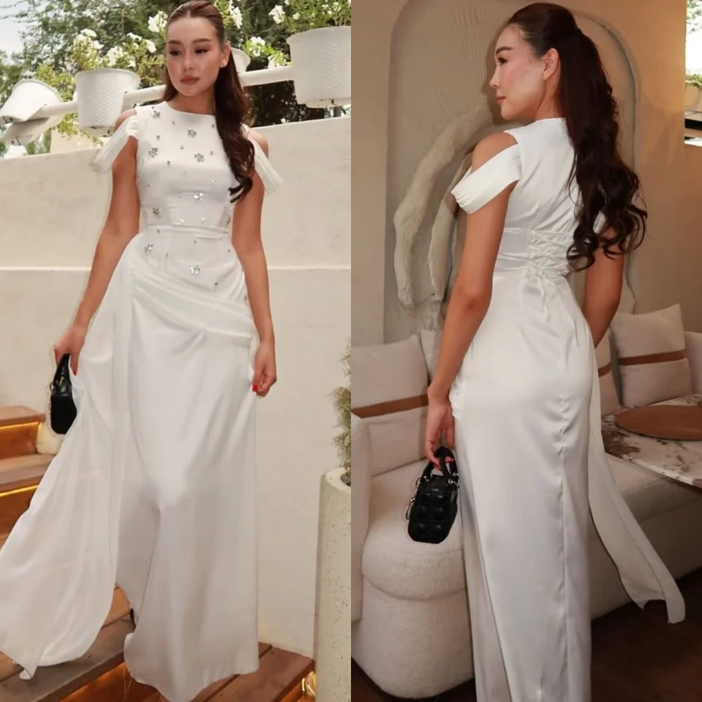 

Customized High Quality Elegant Charmeuse Rhinestone Pleat Straight Scoop Neck Long Dresses Bespoke Occasion Dresses Matching