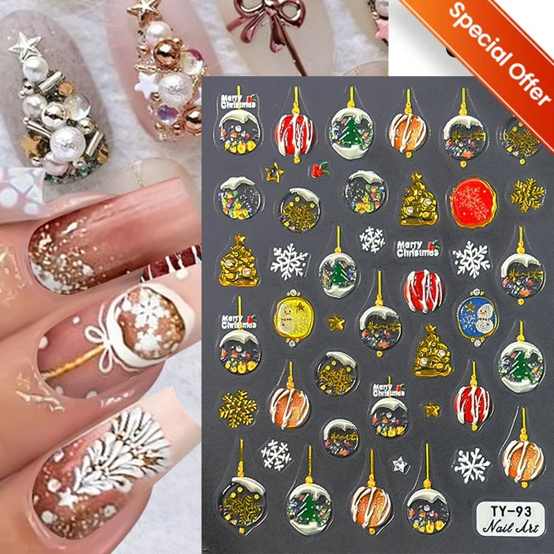 1pc 5D エンボスアクリルスノーフレークベルネイルステッカーゴールドシルバーパウダークリスマス粘着スライダーネイルステッカー