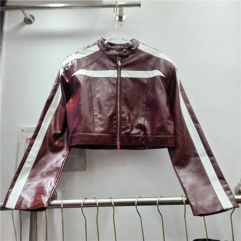 Vintage Contrast Color Short Faux Pu Leather Jacket Wine Red Black Biker Jacket Autumn Women Stand Collar Long Sleeve Streetwear
