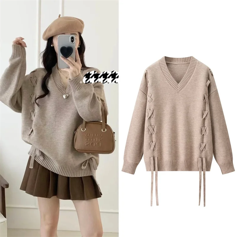 

Women's Top 2025 Autumn New Style Khaki Long-Sleeve V-Neck Tie-Detail Knit Pullover Top Casual Fashion