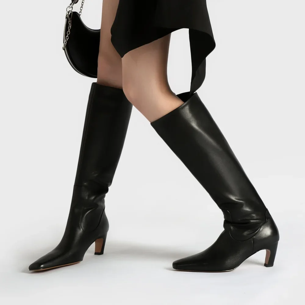 White Stiletto Pointed Toe Knee Boots Square Toe Large Waist Long Botines Low Heel Lether Silp On Rider Botas Women Shoes