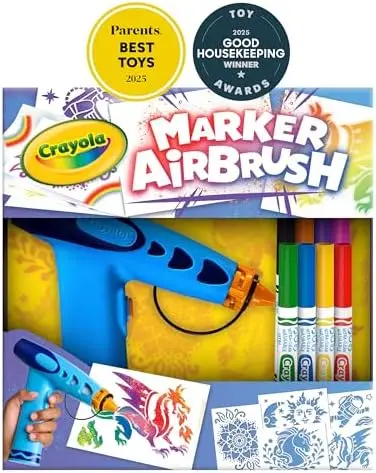 

Набор для рисования аэрографом Crayola – 8 моющихся маркеров, 5 трафаретов, работает от батареек – для детей от 6 лет – подарок на Пасху