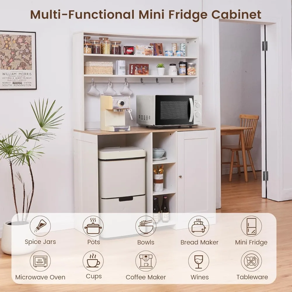 Compact Refrigerator Cabinet with Storage, Beverage Center Cabinet featuring Mini Fridge and Power Supply, and Wine & Spirits Ba