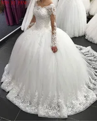 2023 Elegant Long Sleeve Wedding Gowns Lace Applique Ball Gown Tulle Princess Lebanon Wedding Dresses Plus Size robe de mariee