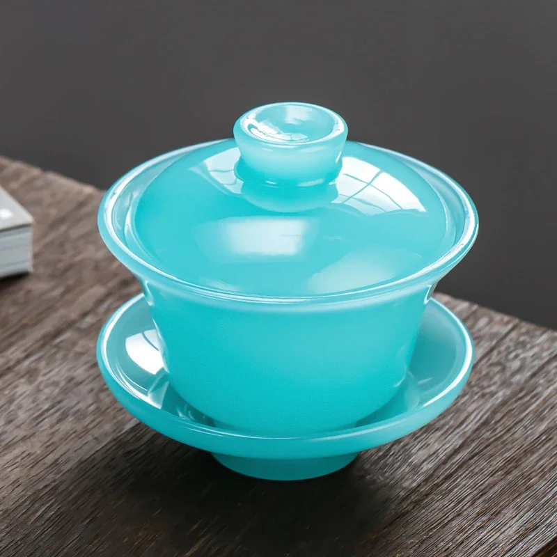 

Tianqing Sky Blue Jade Porcelain Sancai Gaiwan Large Tea Bowl Chinese Kungfu Tea Set Glass Tea Tureen Premium Tea Set