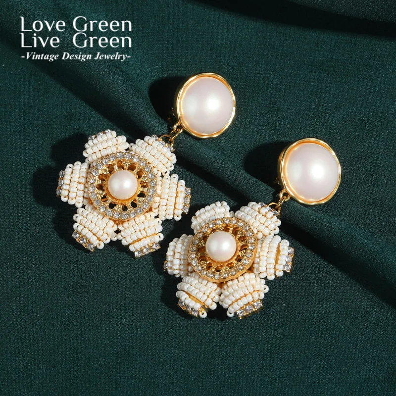 

Vintage Petal Pearl Drop Earring Gold Color Flower Large Rhinestone Elegant Luxury Jewelry For Woman 2025 Designer Christmas New