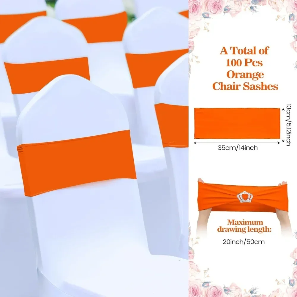 100 Pcs Spandex Chair Sashes with Crown Buckle, Orange Stretch Chair Bands Bows, Sashes for Chair Covers, for Wedding Party Reception, Baby Shower Birthday