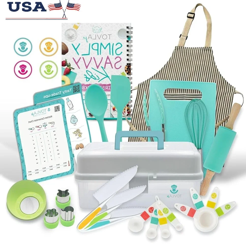 

Kids Cooking Baking Gift Set with Cookbook Storage Box Utensils Apron Measuring Cups Timer Cookie Cutters Kitchen Tools Junior