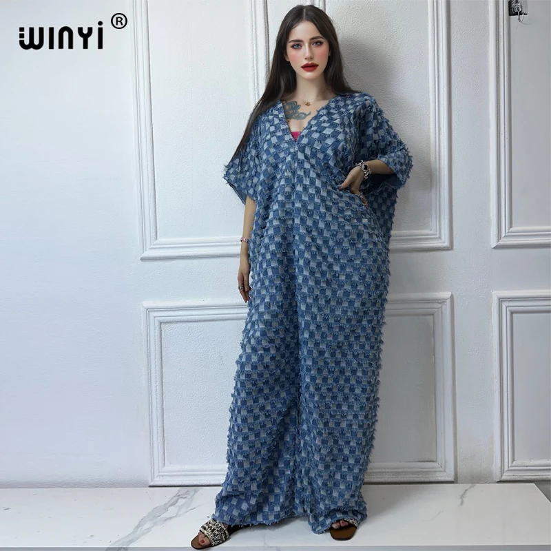 WINYI Original Checked print fashion loose denim jumpsuit