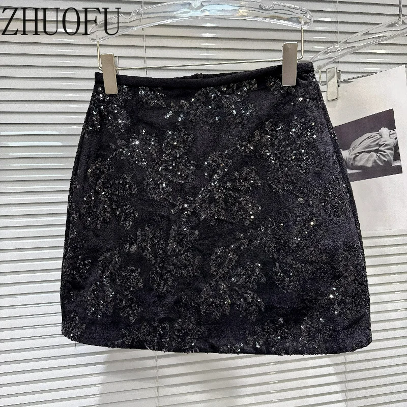 ZHUOFU 2026 Autumn New Women's Short Skirt French Style Elegant Sequin Embroidered Flower Velvet High Waist A-line Skirts Ladies