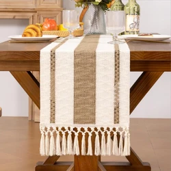 Boho Fall Table Runner Farmhouse Burlap Cotton Table Runner with Tassels Woven Macrame Home Decor for Living Room Table Decorati