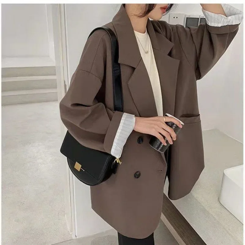 Blazer wanita Vintage, Blazer wanita elegan Solid, mantel longgar, setelan musim gugur kasual, ukuran besar, jaket kerja resmi, jaket wanita minimalis lengan panjang