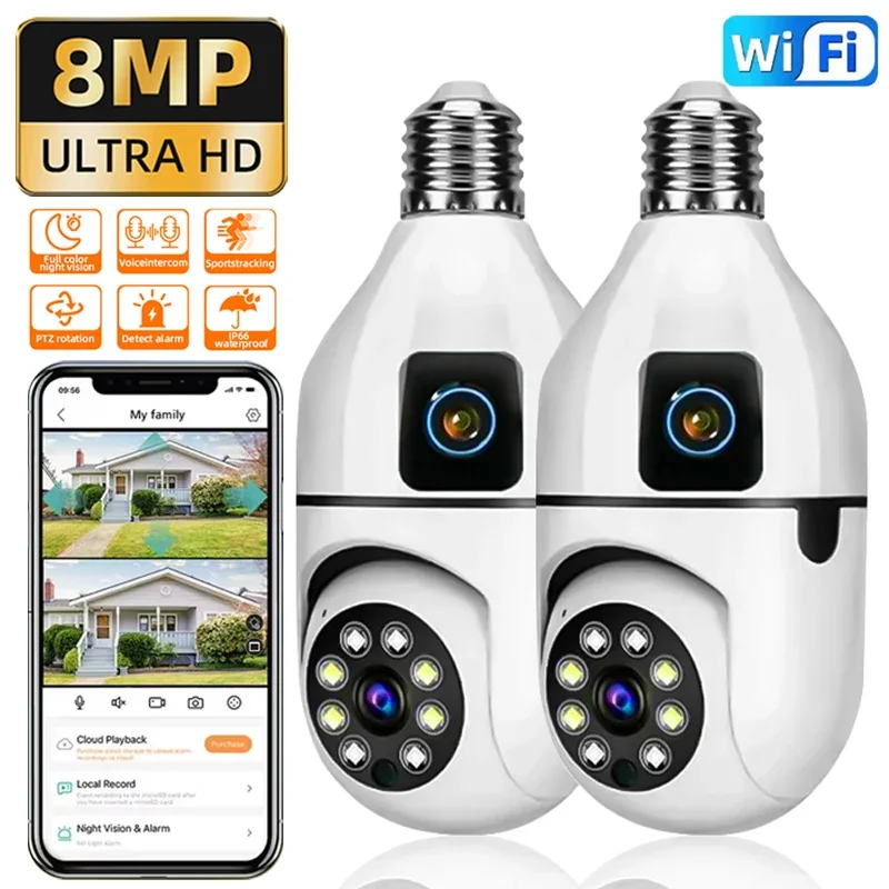 8MP E27 Bulb WIFI Camera Dual Lens Smart Home Surveillance Camera AI Human Tracking Voice Alarm Two-way Audio Zoom Security CCTV