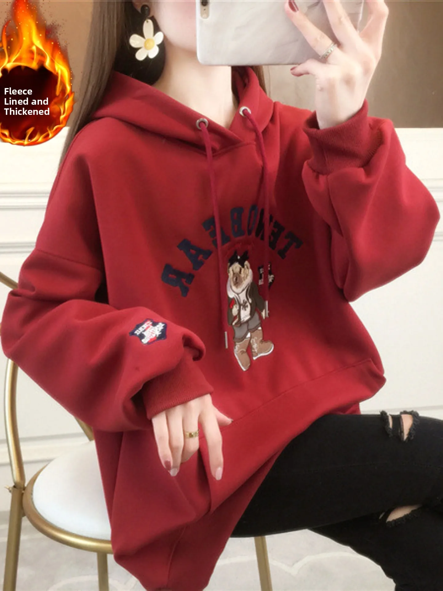 

Худи оверсайз для девочек, утепленное, базовый слой, для осени и зимы, красное, свободного кроя, для школы, милый стиль...