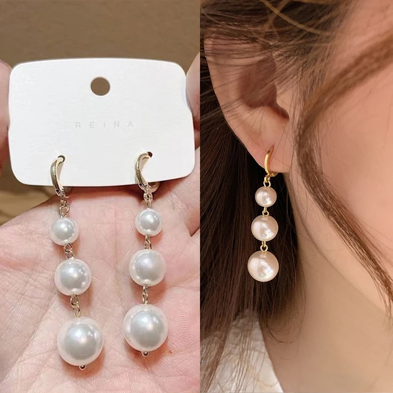 White Imitation Pearl Long Dangle Earrings For Women Golden Color Metal Hoop Earrings Wedding Party Fashion Elegant Jewelry Gift