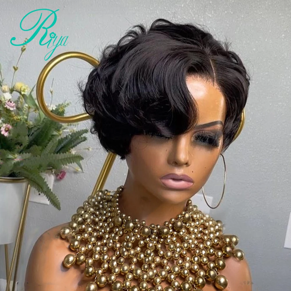 Short Human Hair Wigs For Black Women Pixie Cut Straight 4x4 Lace Closure Wig With Bangs Glueless Wear and Go Wig Pre Plucked