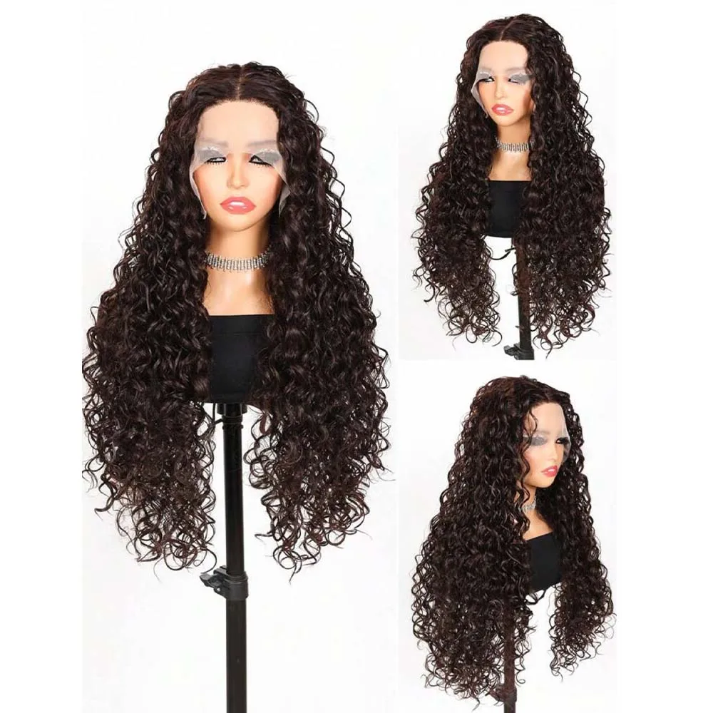 

FANXITION Synthetic Lace Front Wigs Black Long Deep Wave Wigs with Middle Part Natural Hairline Synthetic Cosplay or Daily Use