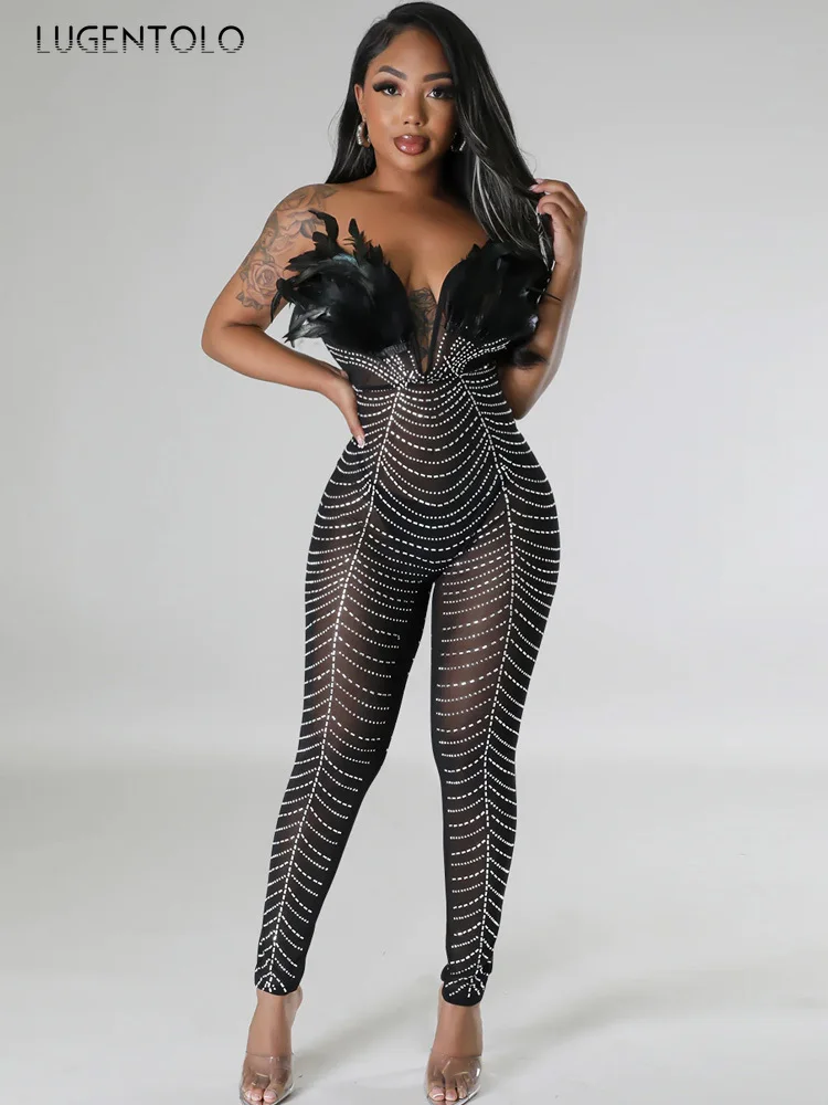 Women Sexy Jumpsuit Party Sparkle Off Shoulder Chest Wrap Sheer Mesh Feathers Crystal Night Jumpsuits Overalls Birthday Outfits