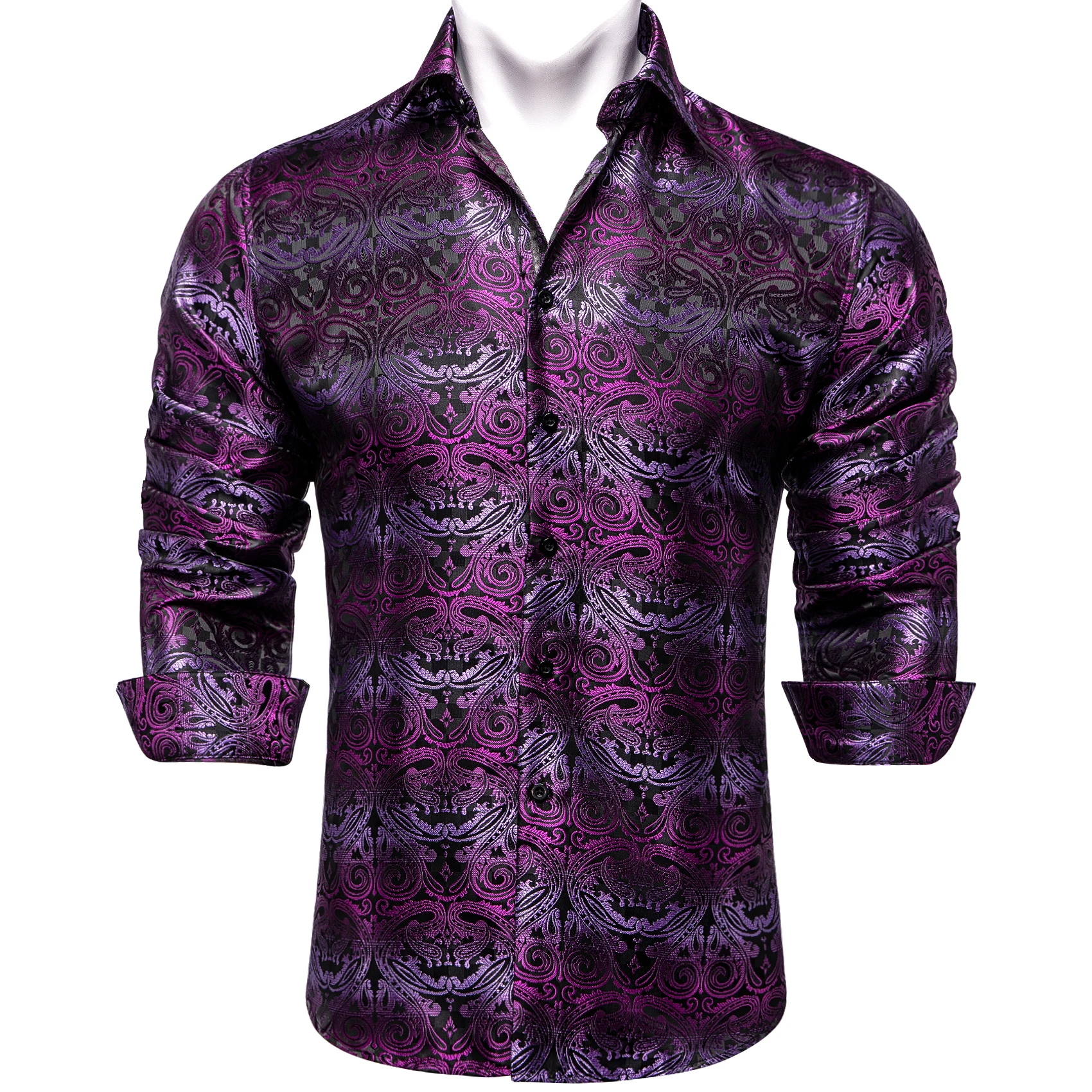 Purple Paisley Silk Shirts for Men Long Sleeve Social Dress Shirt Luxury Tuxedo Wedding Party Men Clothing Dropshipping DiBanGu