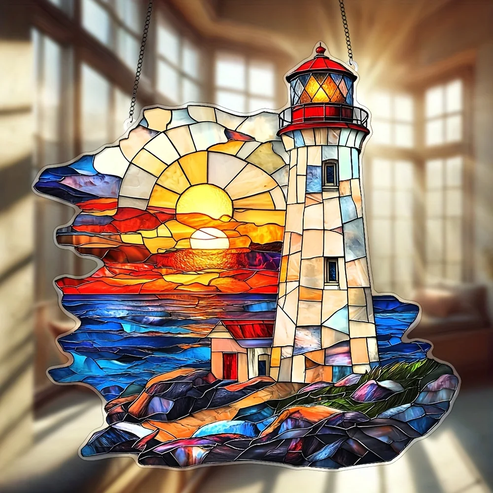 Flat Sunset Lighthouse House 2D Acrylic Colored Design Suspended Sunlight Catcher  Sea Surface Home Office Cafe Creative Gift