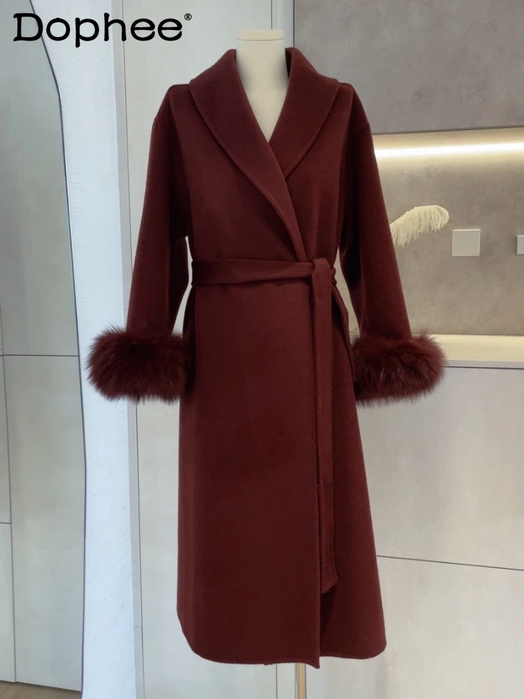 

Cuffs Fox Hair Lace-up Burgundy Coat Ladies 2024 Autumn and Winter New Long Double-sided Wool Coat Women Vintage Elegant Jacket