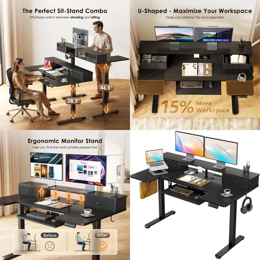 

Электрический регулируемый по высоте стол 55 дюймов с выдвижной полкой для клавиатуры и эргономичной подставкой для монитора — черный, для дома или офиса