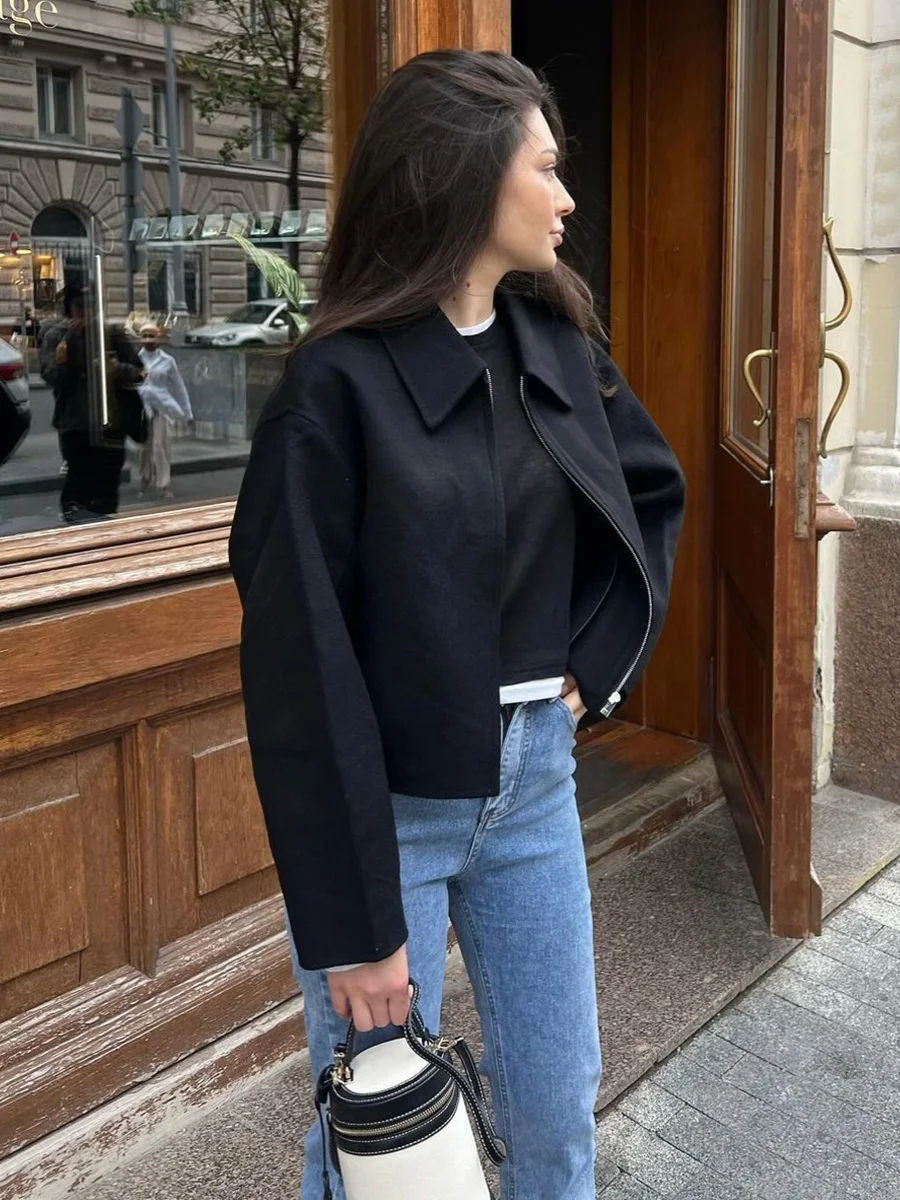 เสื้อคลุมผู้หญิงแฟชั่นสตรีท สไตล์ลำลอง คอปกพับได้ แขนยาว สำหรับฤดูใบไม้ร่วง ปี 2024