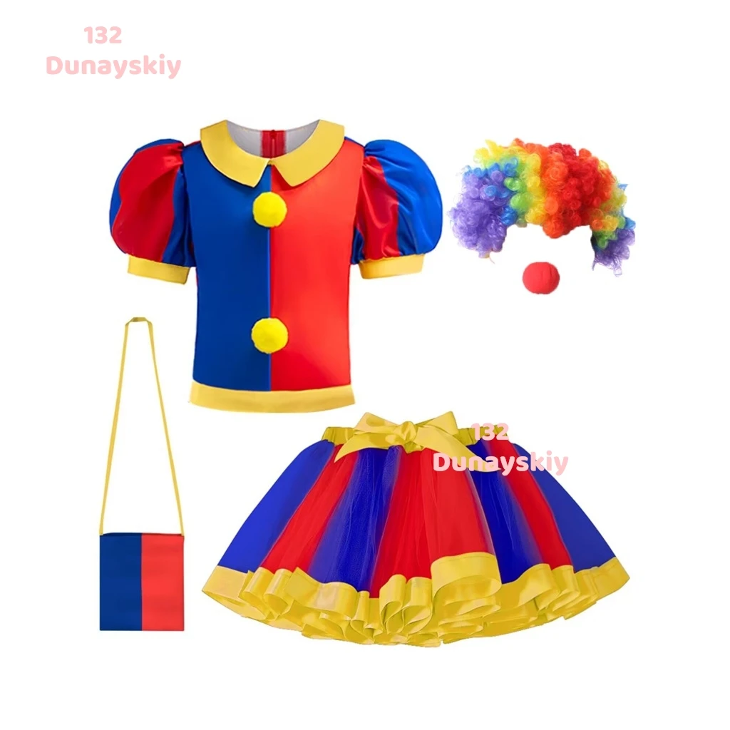 Vestido de verano para niños, disfraz de Cosplay de Pomni increíble, Top Digital de princesa para niñas, falda tutú y bolsa, Carnaval de Halloween para niños