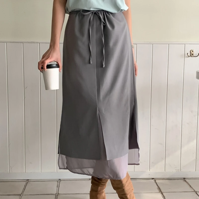 

REALEFT Spring Summer High Waist Split Chiffon Women's Skirts 2025 New Lace-up Casual Solid Straight Bow Midi Skirts Female