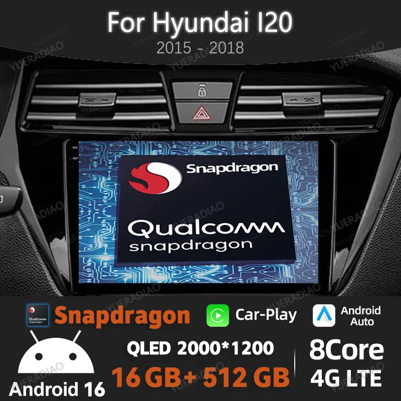 

Android 16 Car Radio For Hyundai I20 2 II GB 2014 2015 2016 2017 GPS NAVI Qualcomm QLED 4G WIFI Multimedia Video Player BT 2DIN