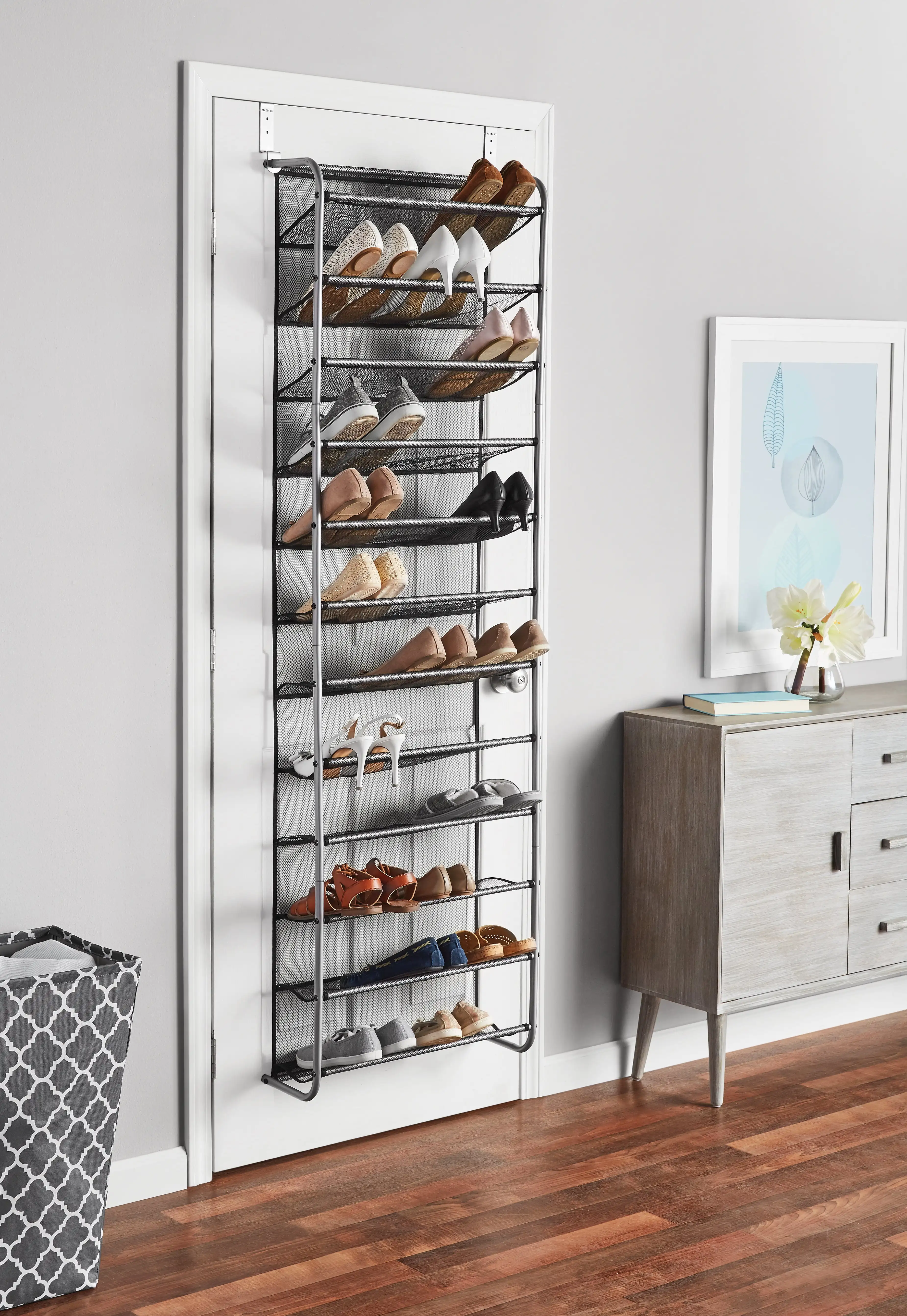 36 Pair Over-the-Door Closet Shoe Organizer Rack for 36 Pairs, 12 Tier, Metal, Gray