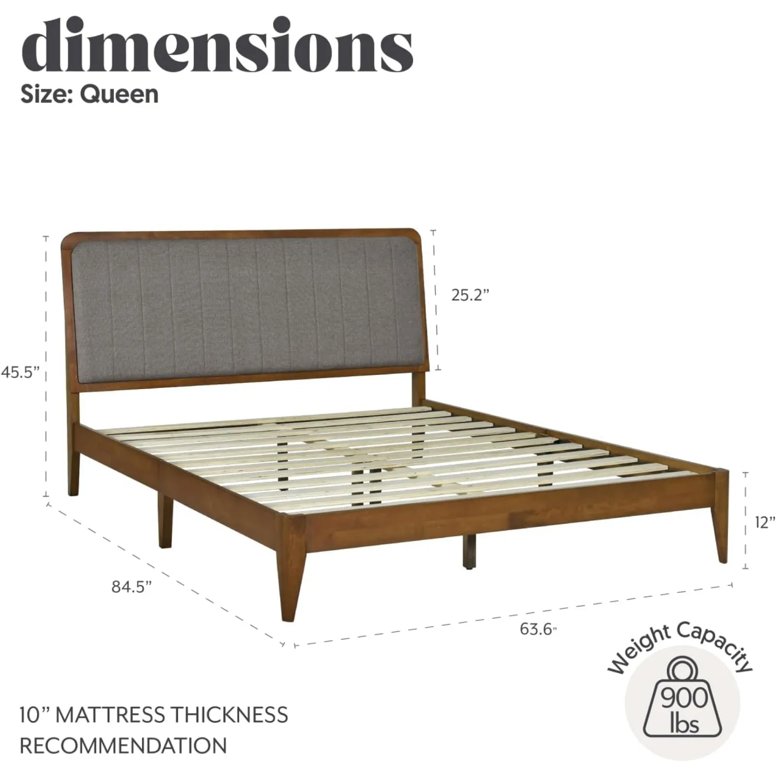 US Raven Solid Wood Queen Size Bed Frame -Mid Century Modern Style, Platform with Tufted Upholstered Adjustable Height Headboard