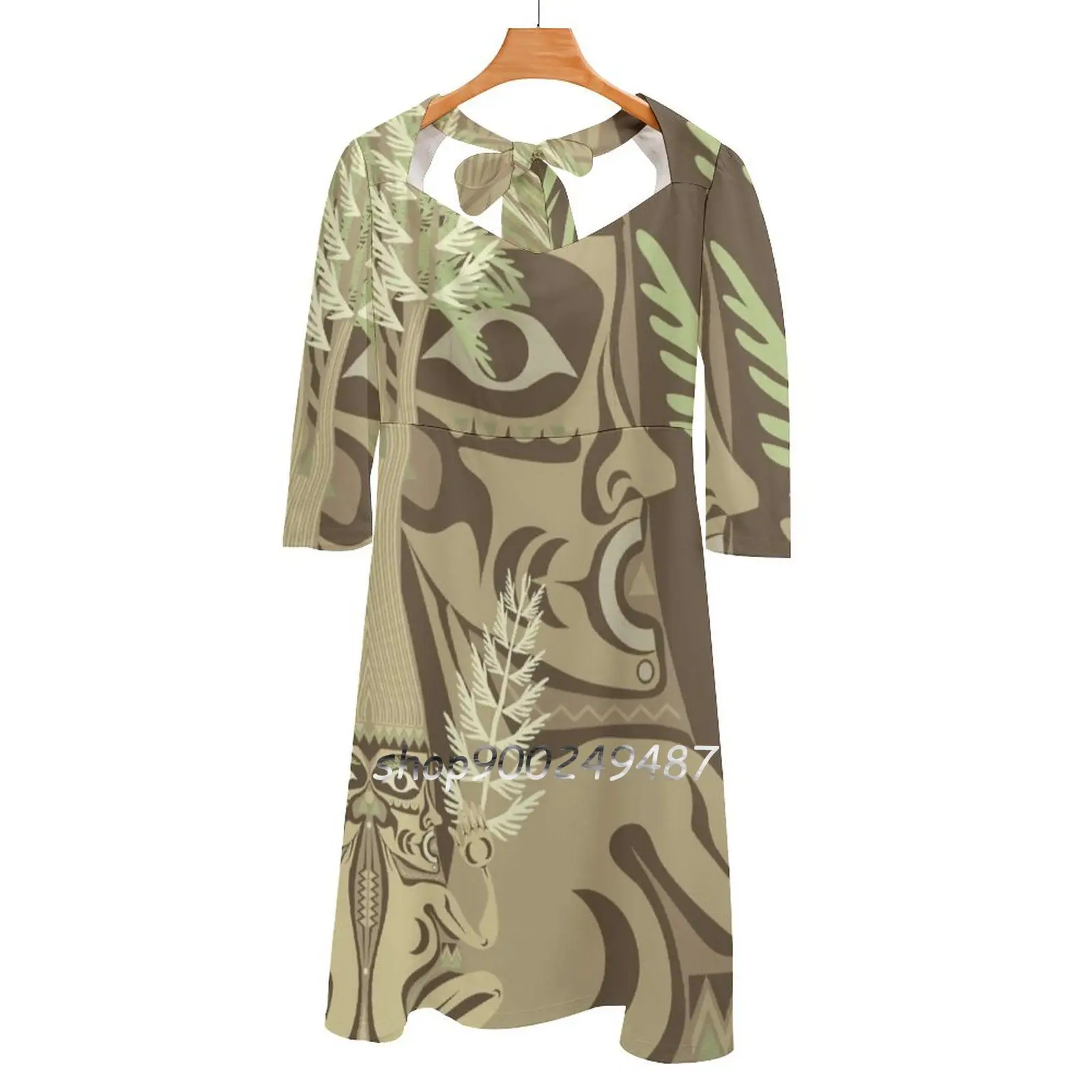 

Cedar Woman Square Neck Dress Cute Loose Print Dresses Elegant Beach Party Dress Coast Salish Cedar Forest Native Haida First