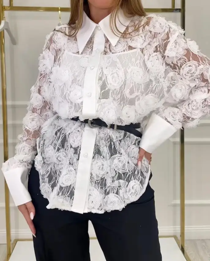 3D Floral Design Turn-Down Collar Long Sleeve Casual Blouse - No Belt Included